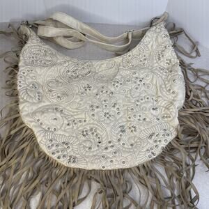 Vintage Womens Fringe‎ Ivory Colored Purse Bejeweled Zipper